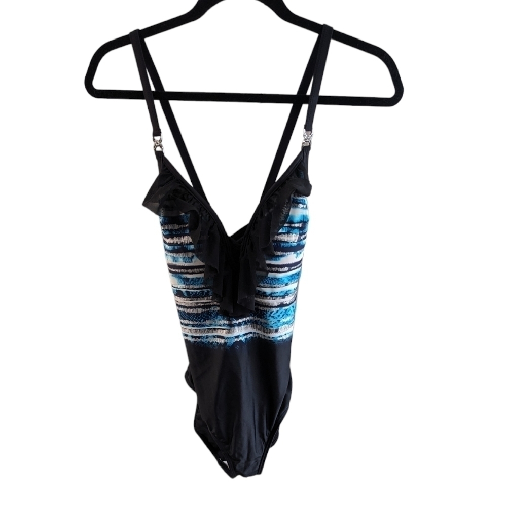 Simon chang bathing suit one piece with crossed straps in back. Size 10/30